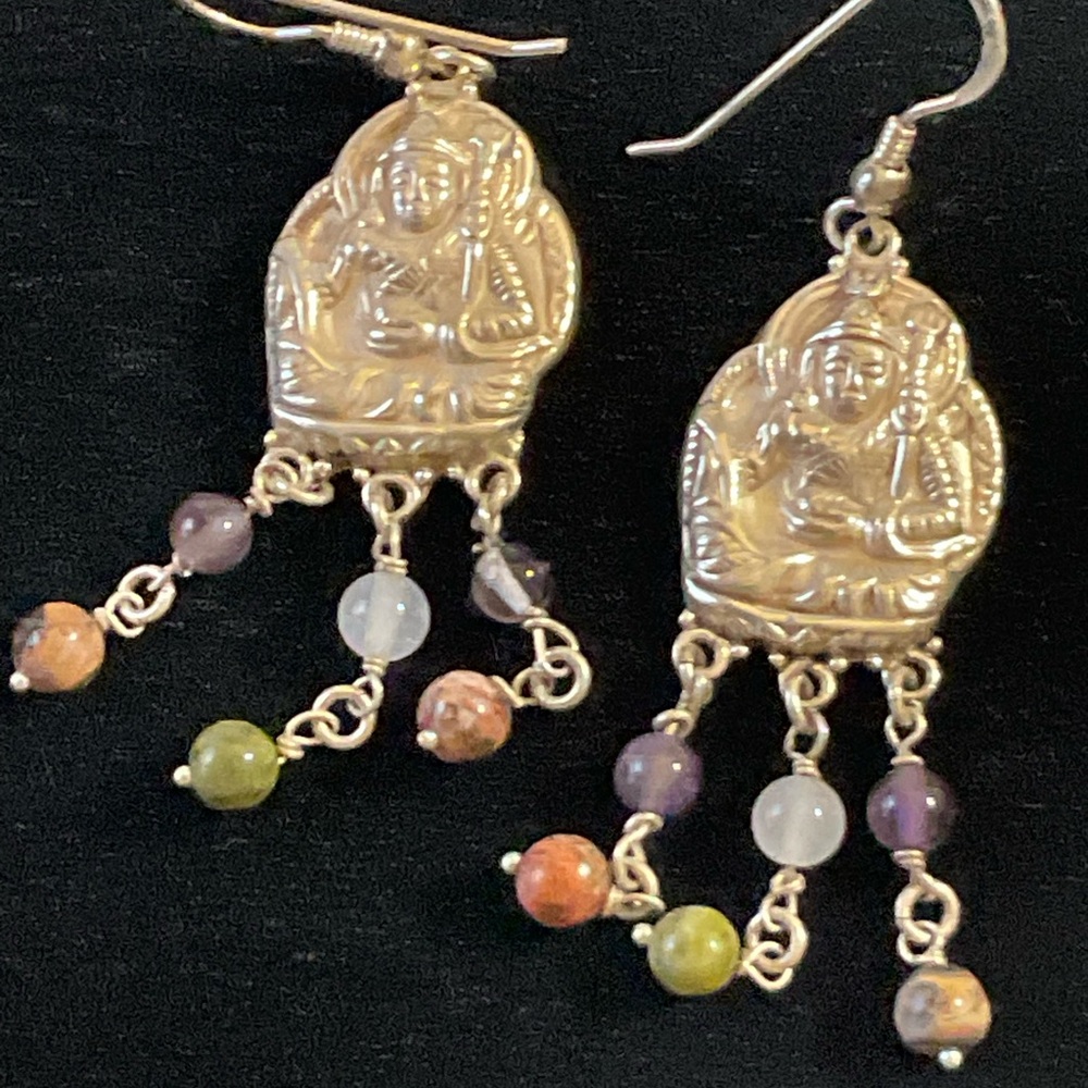 Silver Dangle Earrings with Multicolor Beads